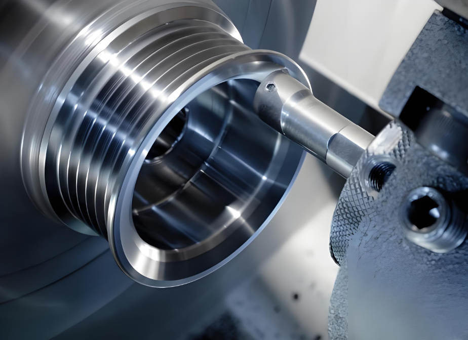 CNC turning process showcasing the precision machining of a stainless steel cylindrical part, highlighting our expertise in CNC turning.